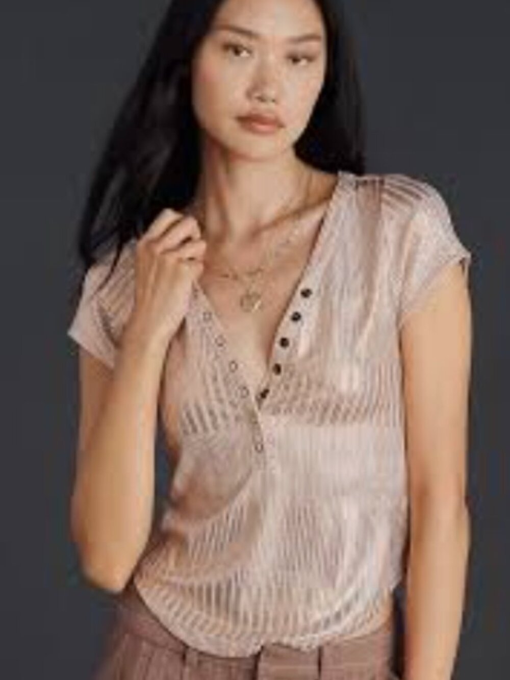 NWT Anthropologie Pilcro The Andie Scoop-Neck Metallic Ribbed Henley Top Size M